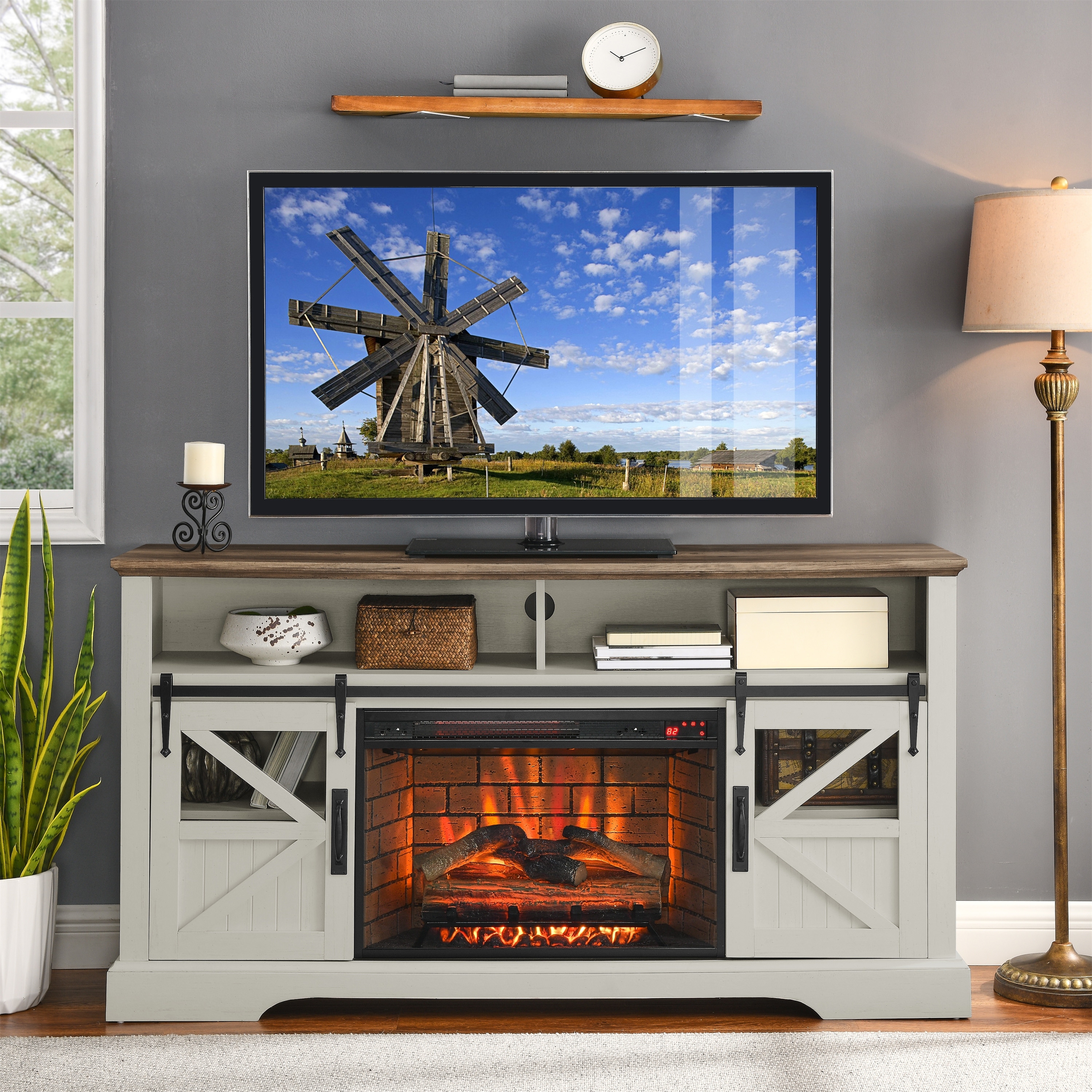 60" Electric Fireplace TV Stand Entertainment Center with Door Sensor ...